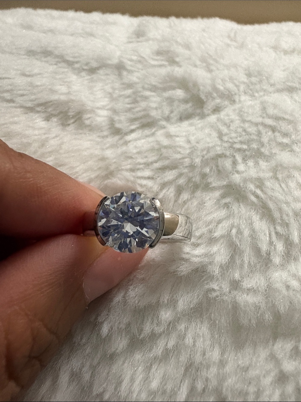 Classic Simulated Diamond, Rhodium Plated Silver Ring- Women Jewelry